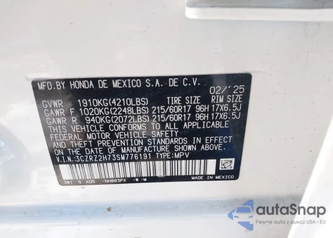 2025 Honda Hr-V Awd Ex-L z USA, uszkodzony, nr VIN 3CZRZ2H73SM776191
